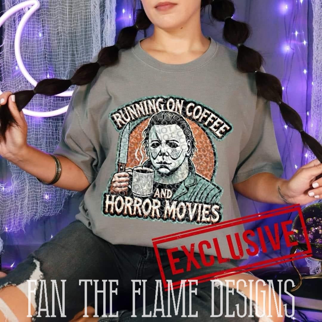 Myers Running on Coffee & Horror Movies tee/sweatshirt