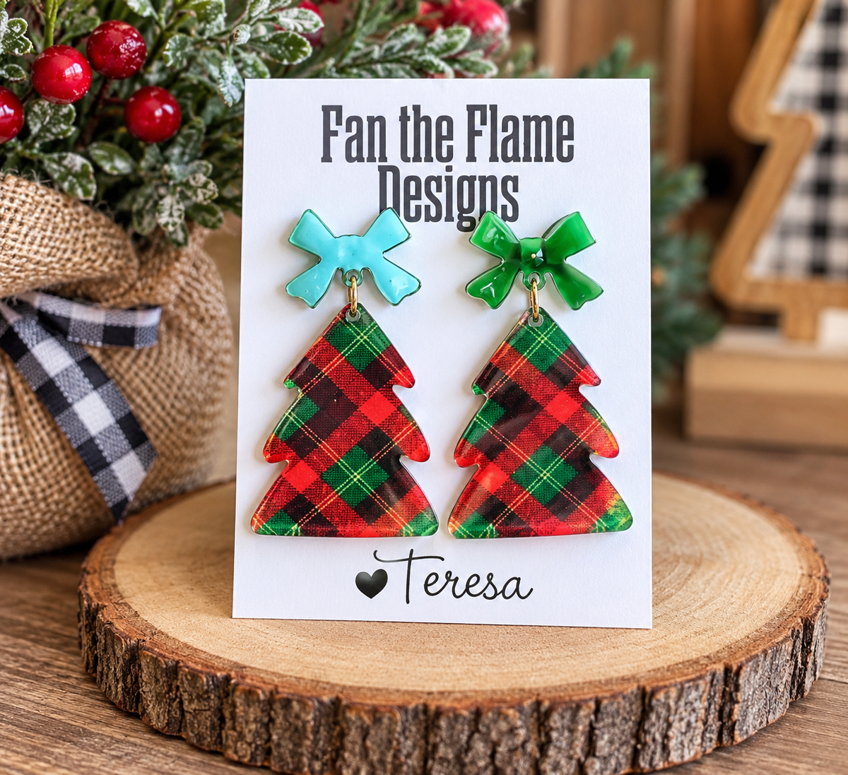 Plaid Christmas Trees Dangle Earrings