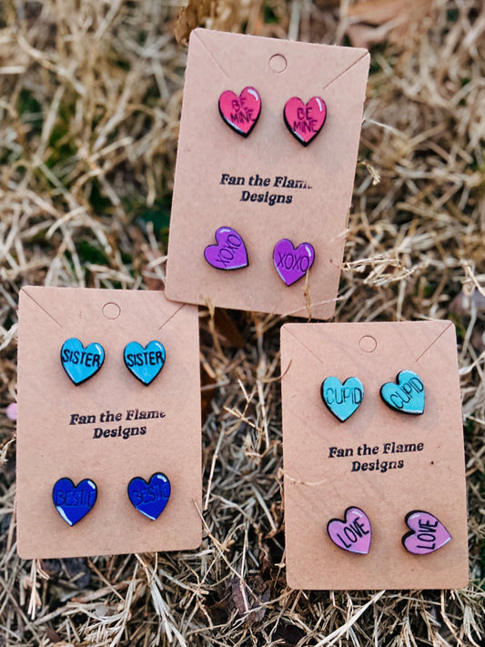 Handmade Conversation Heart Wooden Stud Earrings