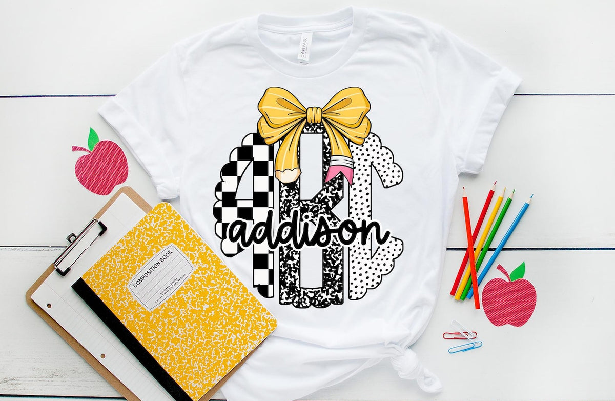 Checkered Composition Monogram with pencil bow tee/sweatshirt