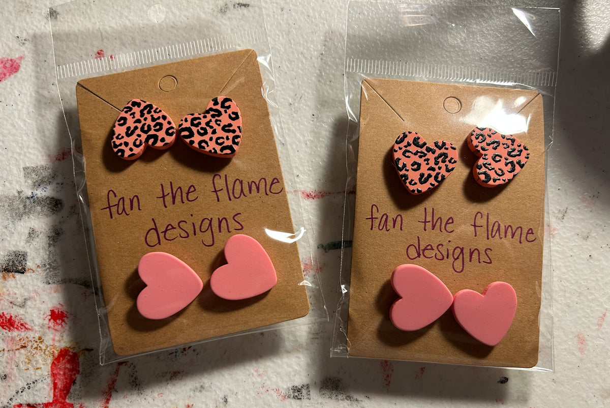 Handmade Pink Leopard Heart Stud Earrings