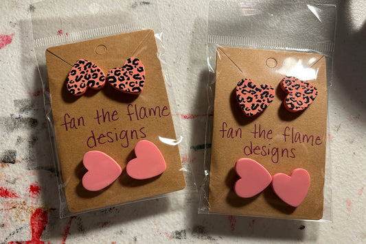 Handmade Pink Leopard Heart Stud Earrings