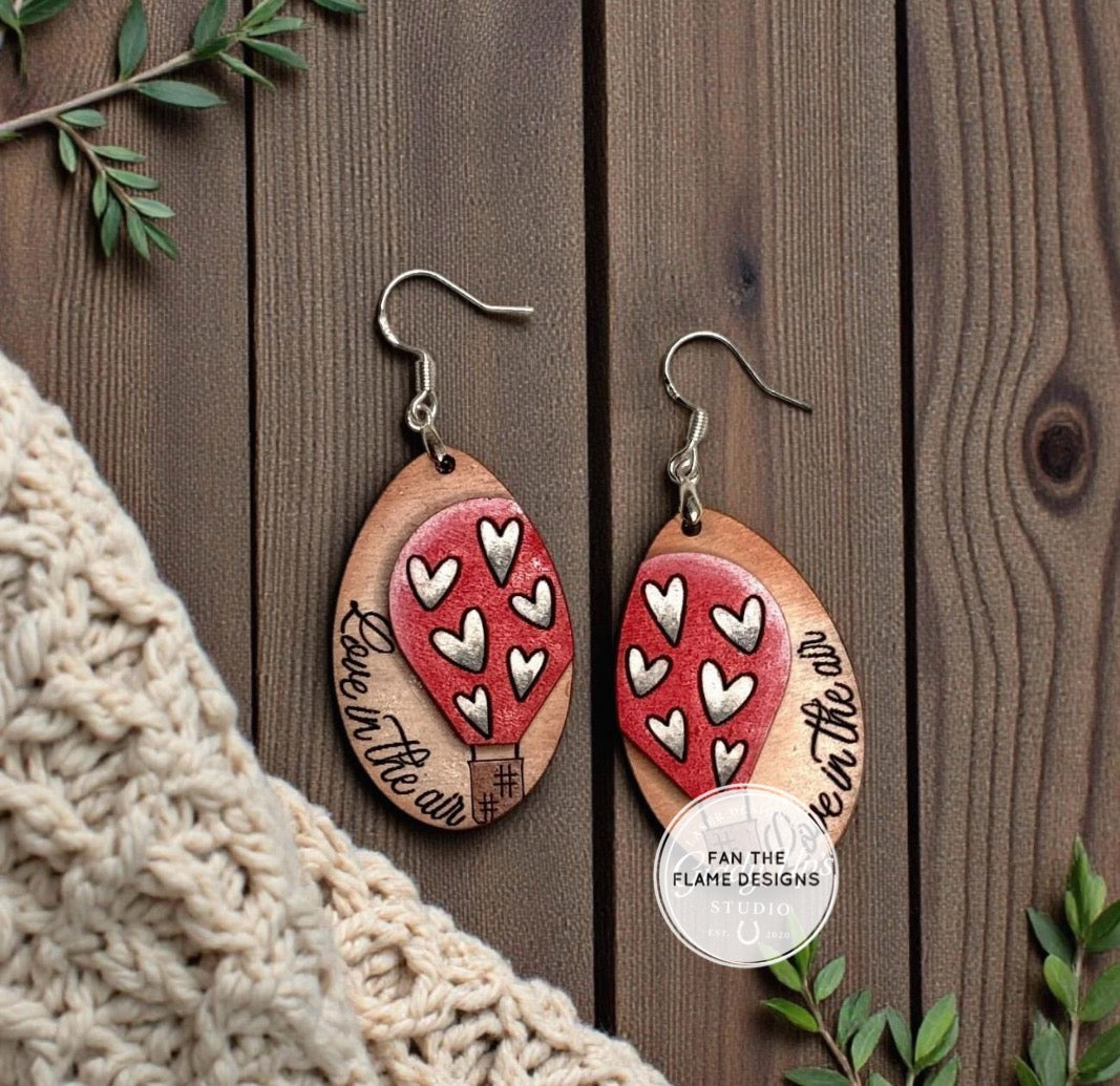Valentine Hot Air Balloon Wooden Dangle Earrings
