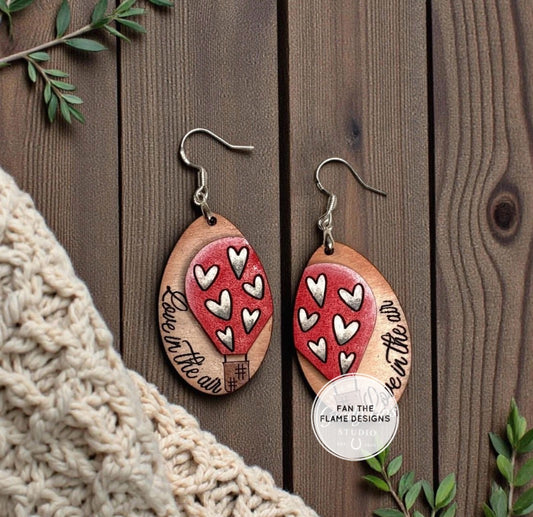 Valentine Hot Air Balloon Wooden Dangle Earrings