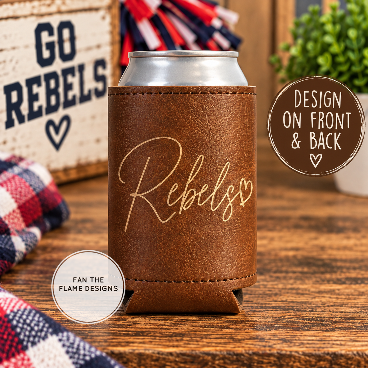 Engraved Rebels Leather Can Coozie